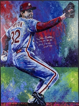 Steve Carlton Signed & Inscribed Original Lopa Canvas Painting (Also Signed by Lopa) (JSA)